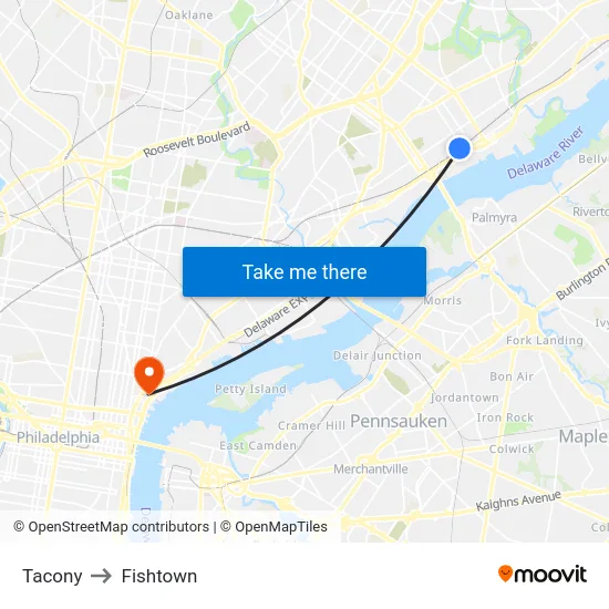 Tacony to Fishtown map