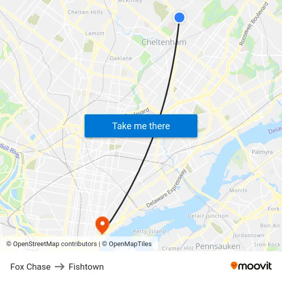 Fox Chase to Fishtown map
