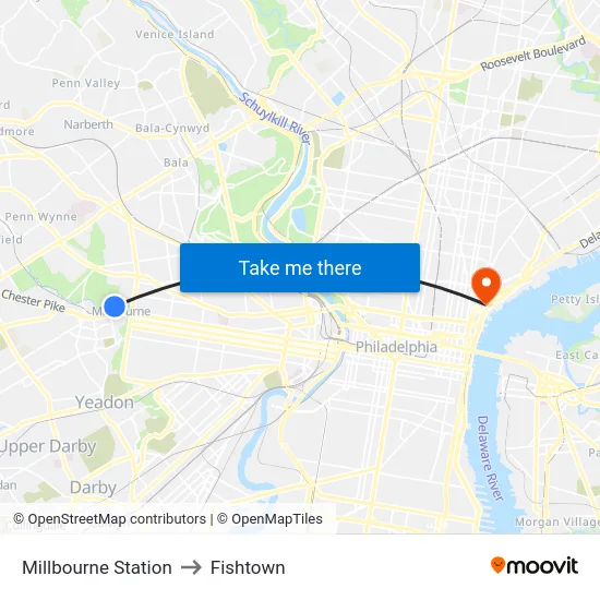 Millbourne Station to Fishtown map