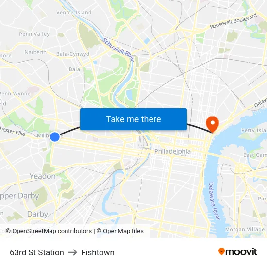 63rd St Station to Fishtown map