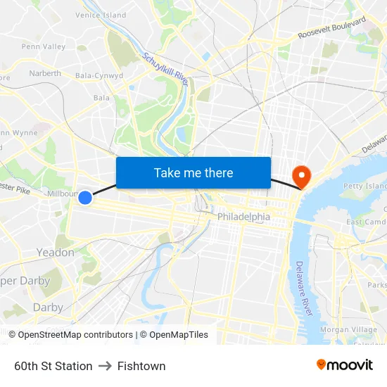 60th St Station to Fishtown map