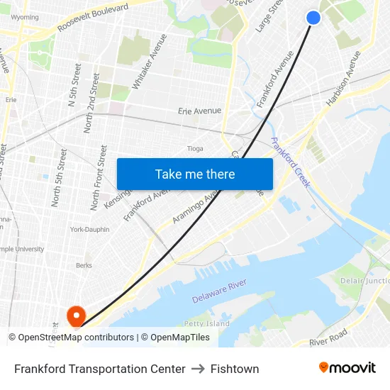 Frankford Transportation Center to Fishtown map