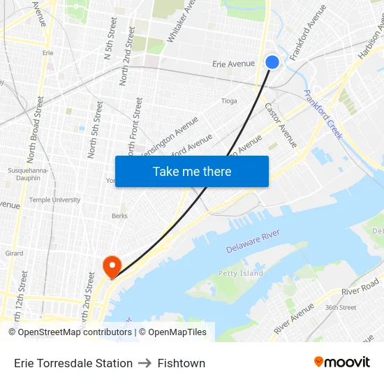 Erie Torresdale Station to Fishtown map