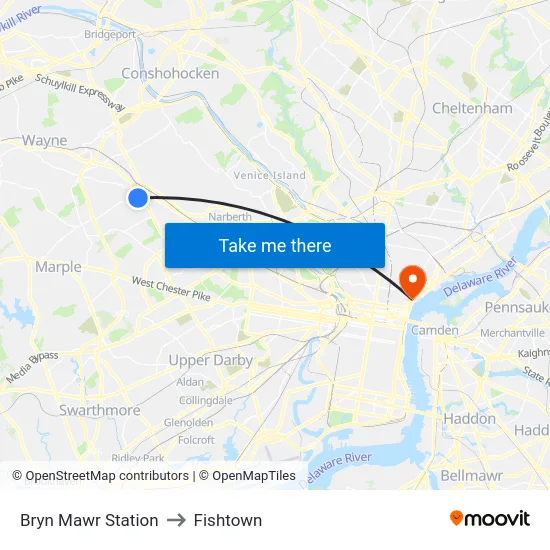 Bryn Mawr Station to Fishtown map