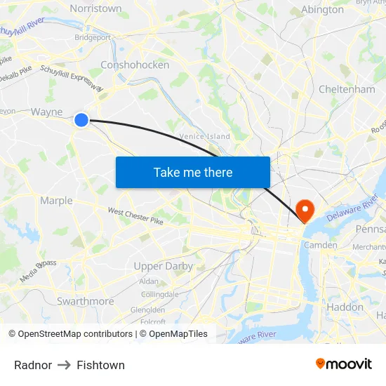 Radnor to Fishtown map