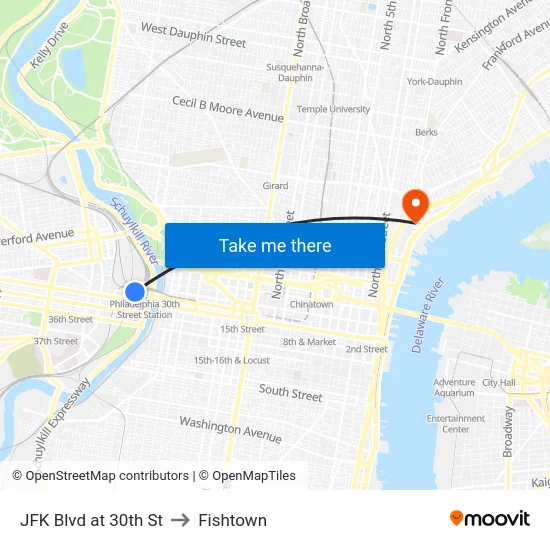 JFK Blvd at 30th St to Fishtown map