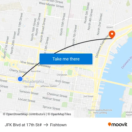 JFK Blvd at 17th St# to Fishtown map