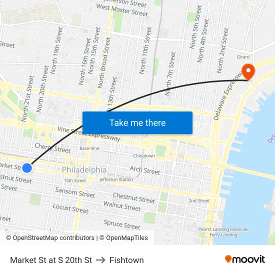 Market St at S 20th St to Fishtown map