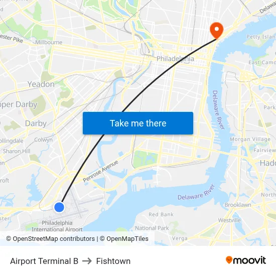 Airport Terminal B to Fishtown map