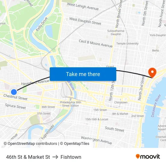46th St & Market St to Fishtown map
