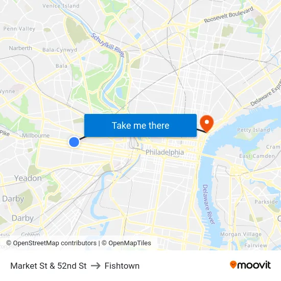 Market St & 52nd St to Fishtown map