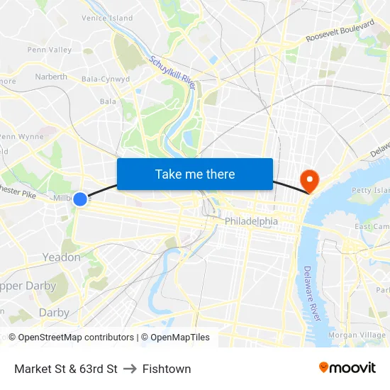 Market St & 63rd St to Fishtown map