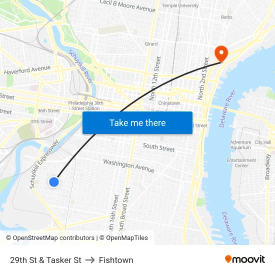 29th St & Tasker St to Fishtown map