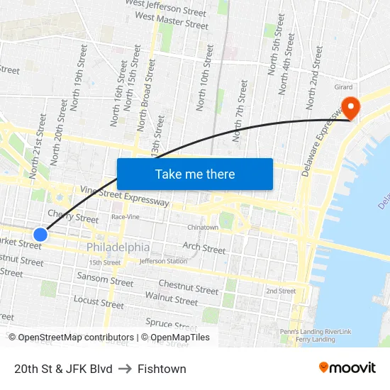 20th St & JFK Blvd to Fishtown map