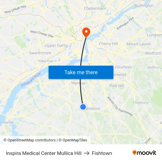Inspira Medical Center Mullica Hill to Fishtown map