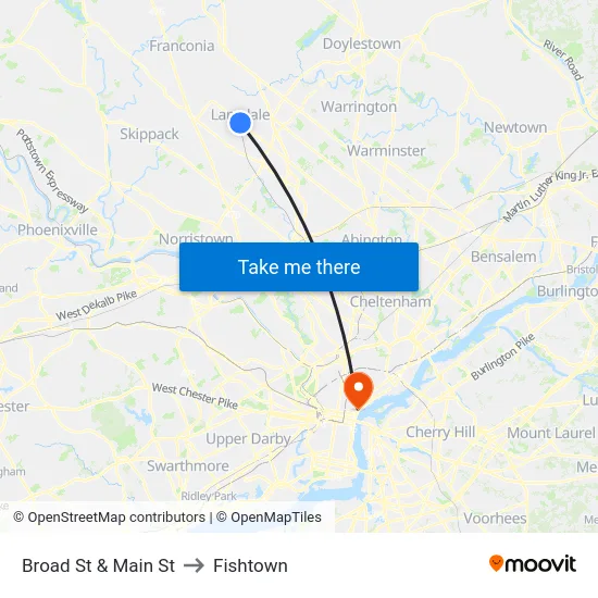 Broad St & Main St to Fishtown map