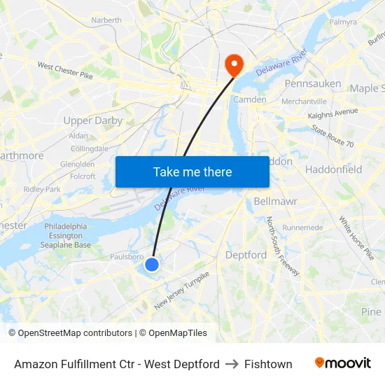 Amazon Fulfillment Ctr - West Deptford to Fishtown map