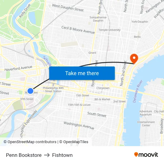 Penn Bookstore to Fishtown map