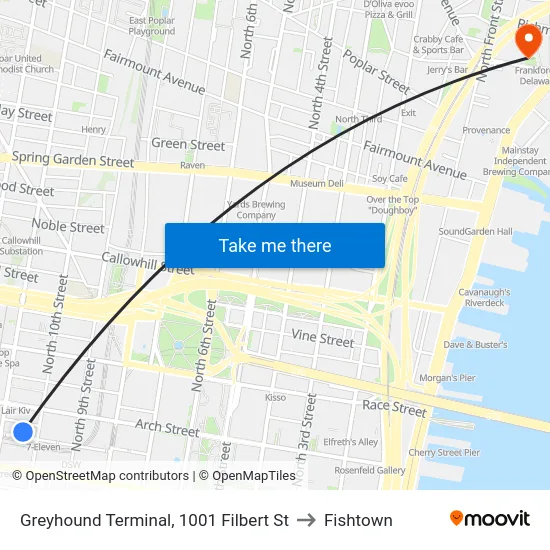 Greyhound Terminal, 1001 Filbert St to Fishtown map