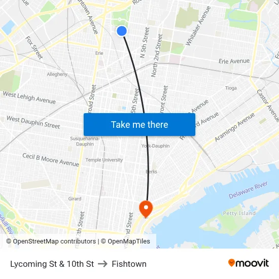 Lycoming St & 10th St to Fishtown map