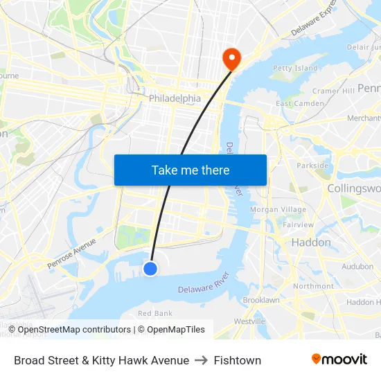 Broad Street & Kitty Hawk Avenue to Fishtown map