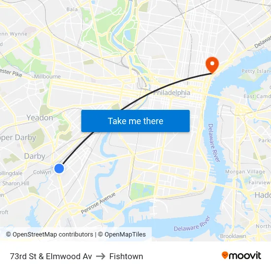 73rd St & Elmwood Av to Fishtown map