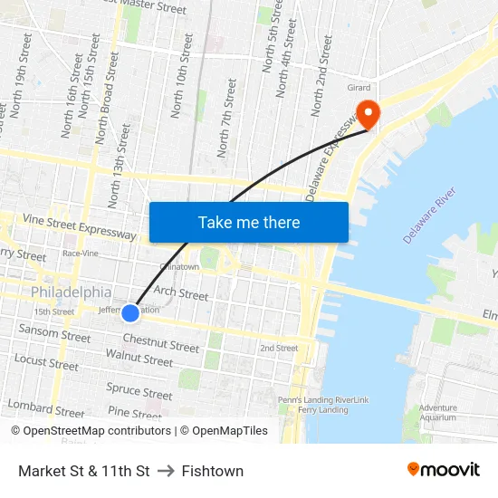 Market St & 11th St to Fishtown map