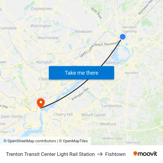 Trenton Transit Center Light Rail Station to Fishtown map