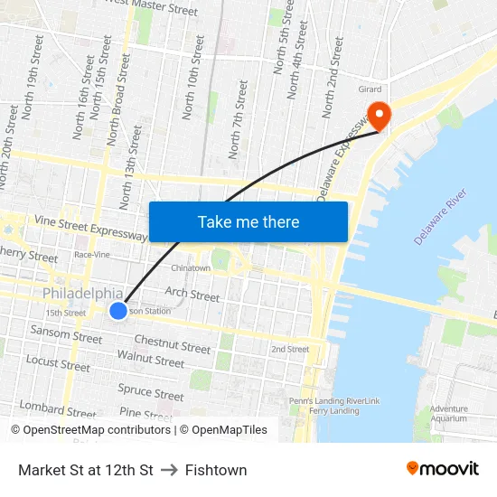 Market St at 12th St to Fishtown map