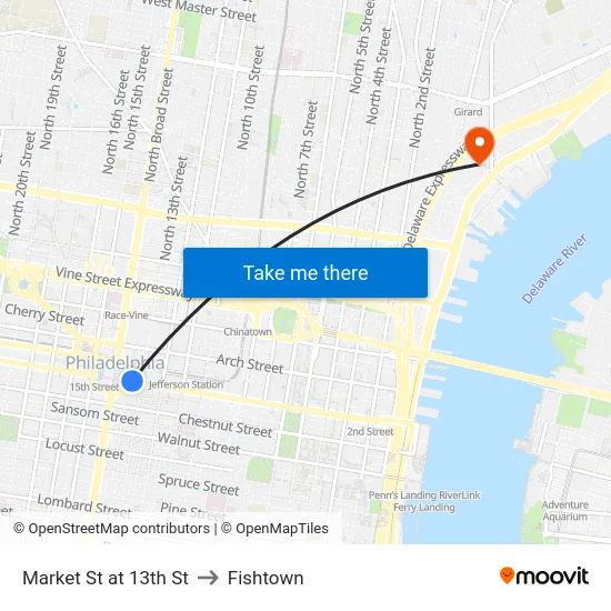 Market St at 13th St to Fishtown map