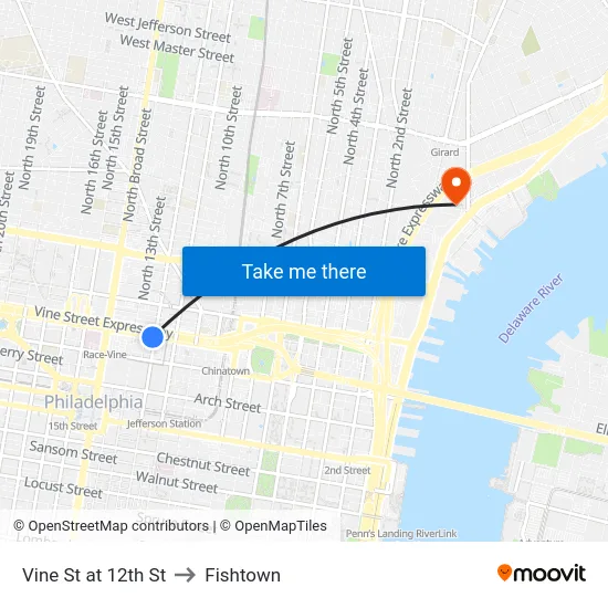 Vine St at 12th St to Fishtown map