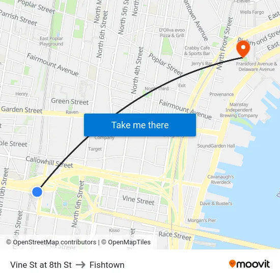 Vine St at 8th St to Fishtown map