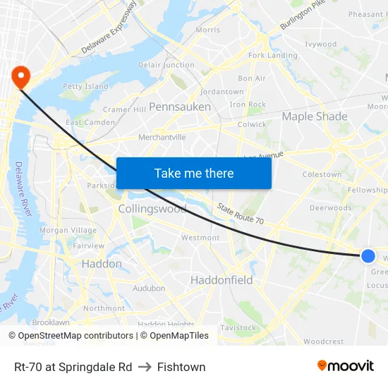 Rt-70 at Springdale Rd to Fishtown map
