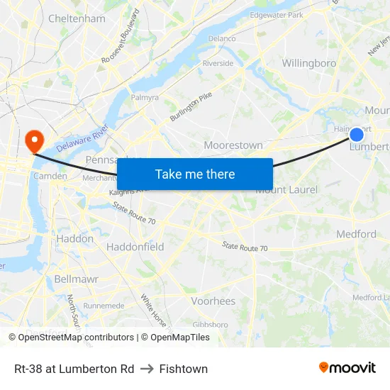 Rt-38 at Lumberton Rd to Fishtown map