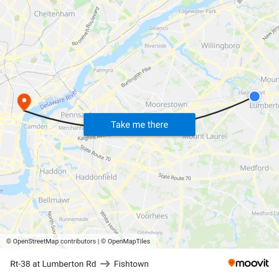 Rt-38 at Lumberton Rd to Fishtown map