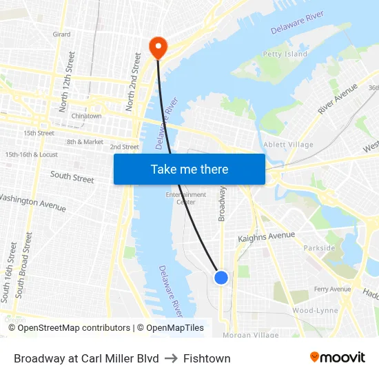 Broadway at Carl Miller Blvd to Fishtown map