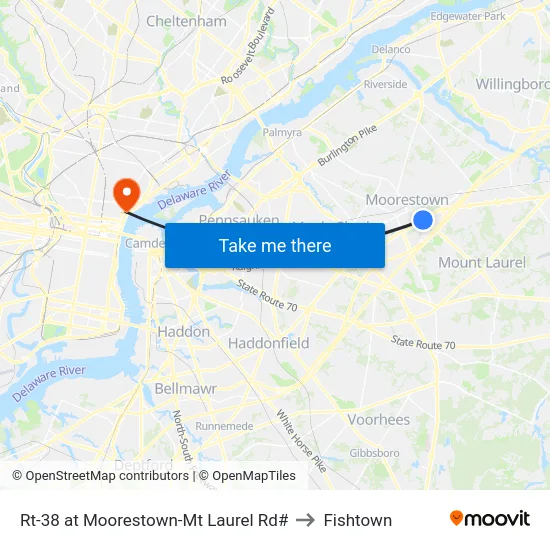 Rt-38 at Moorestown-Mt Laurel Rd# to Fishtown map