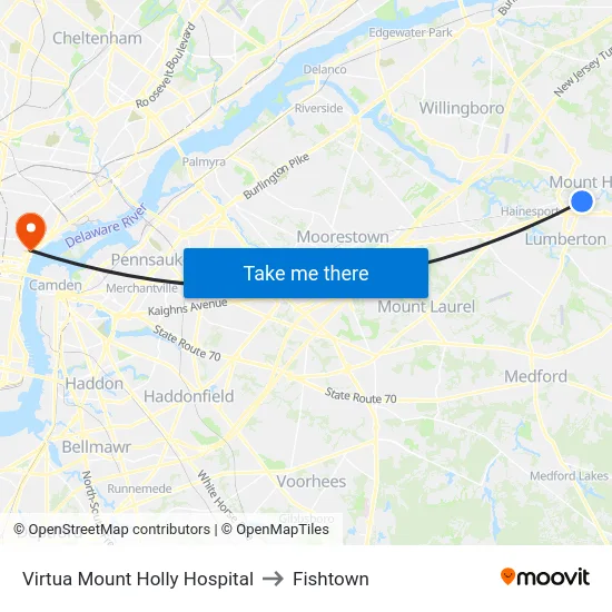 Virtua Mount Holly Hospital to Fishtown map