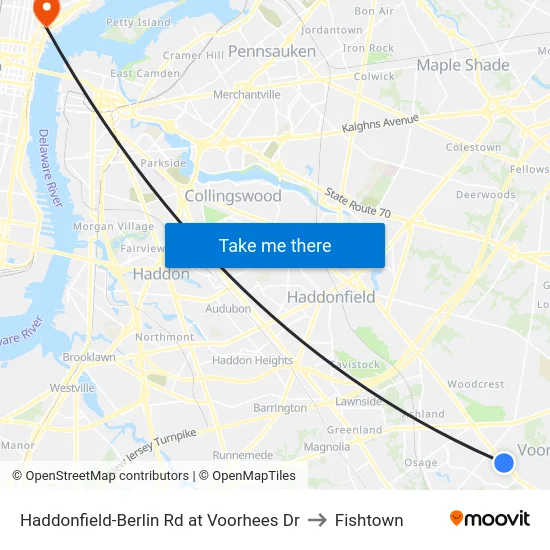 Haddonfield-Berlin Rd at Voorhees Dr to Fishtown map