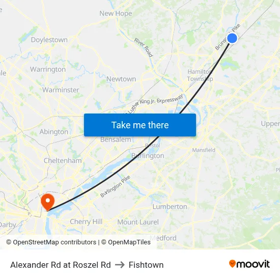 Alexander Rd at Roszel Rd to Fishtown map