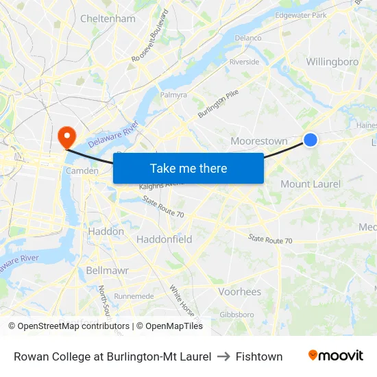 Rowan College at Burlington-Mt Laurel to Fishtown map