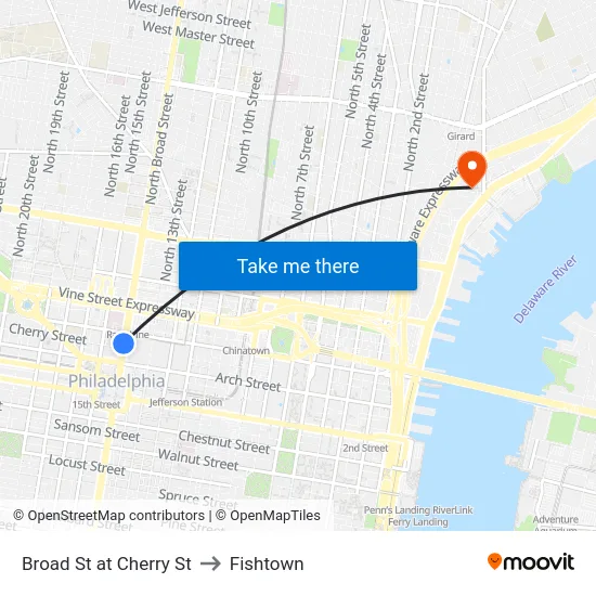 Broad St at Cherry St to Fishtown map