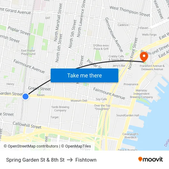 Spring Garden St & 8th St to Fishtown map