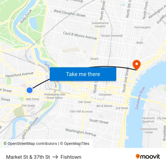 Market St & 37th St to Fishtown map