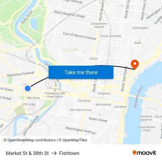 Market St & 38th St to Fishtown map