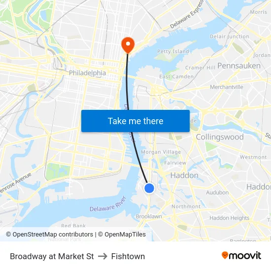 Broadway at Market St to Fishtown map