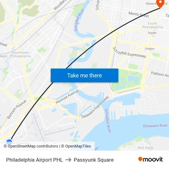 Philadelphia Airport PHL to Passyunk Square map