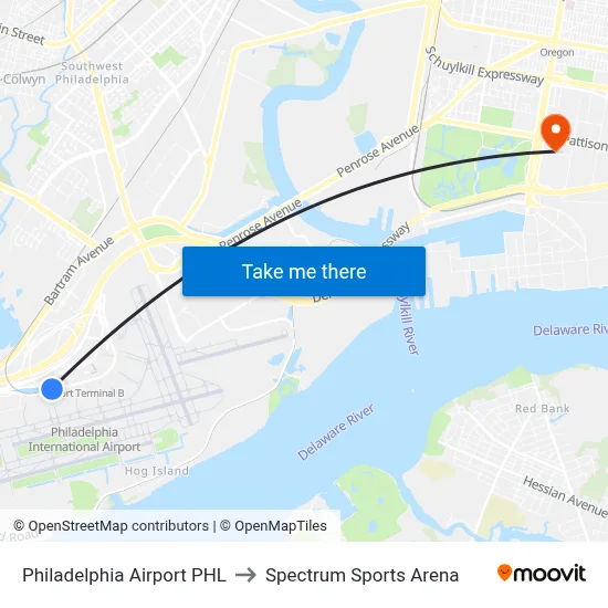 Philadelphia Airport PHL to Spectrum Sports Arena map