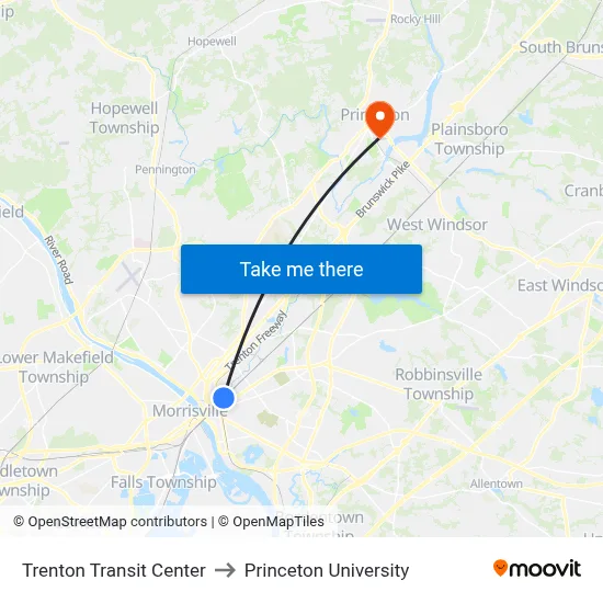 Trenton Transit Center to Princeton University map