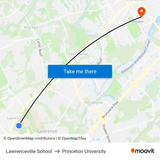 Lawrenceville School to Princeton University map